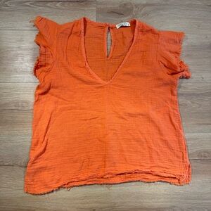 Stark X orange flutter sleeve top‎ with raw hems 100% cotton Women’s small